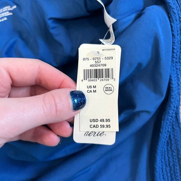 NWT Aerie Crinkle Birthday Scoop Cheekiest One Piece Swimsuit Blue Swim - Picture 5 of 6